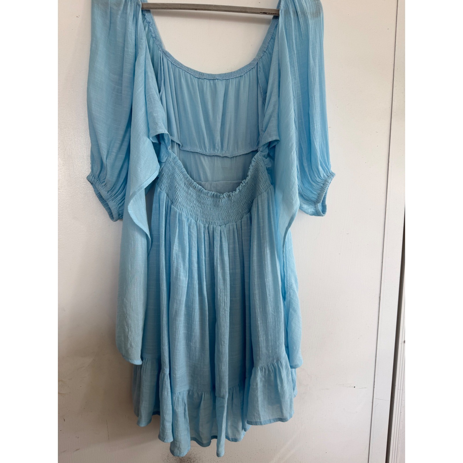 Sky Blue Open Back Tie Back Mini Dress with Balloon Sleeves and Ruffle Hem