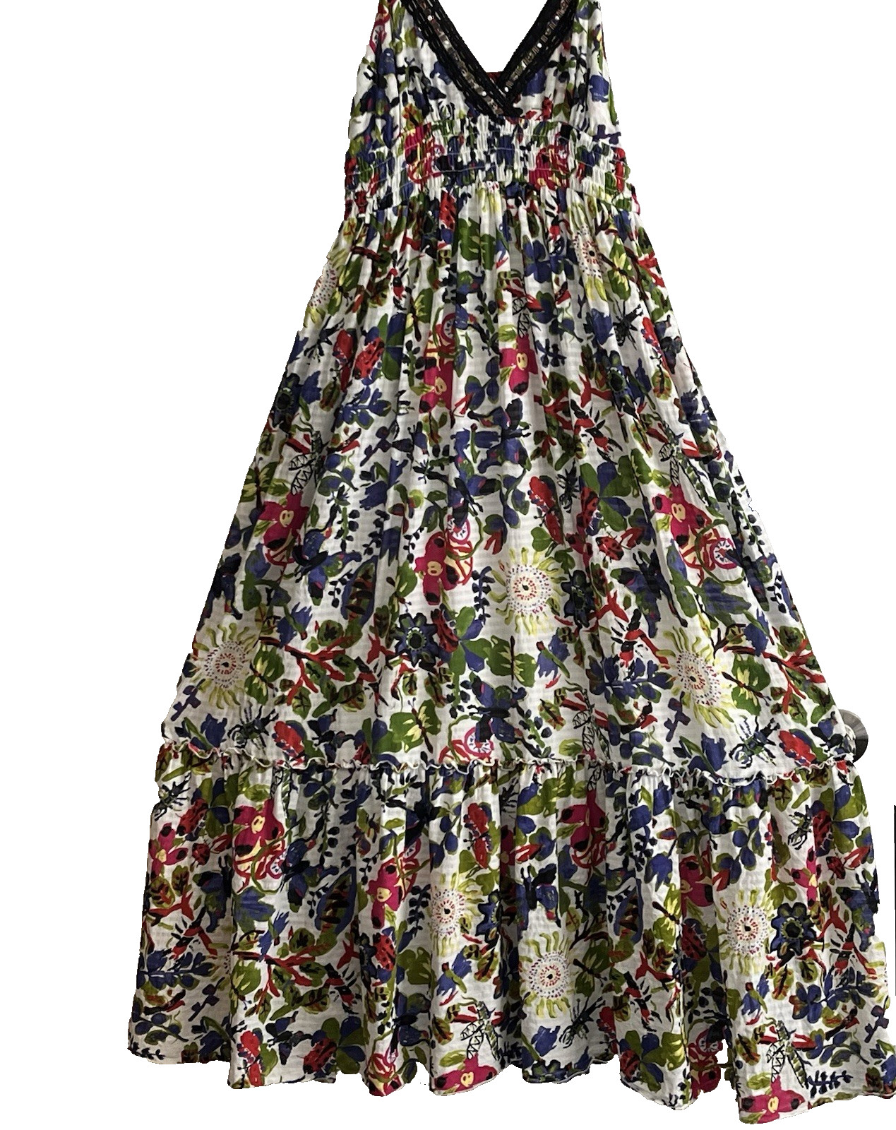 Alberto Makali Cotton Vibrant Floral Flowy Boho Maxi Ruffle Beaded Coastal Mod