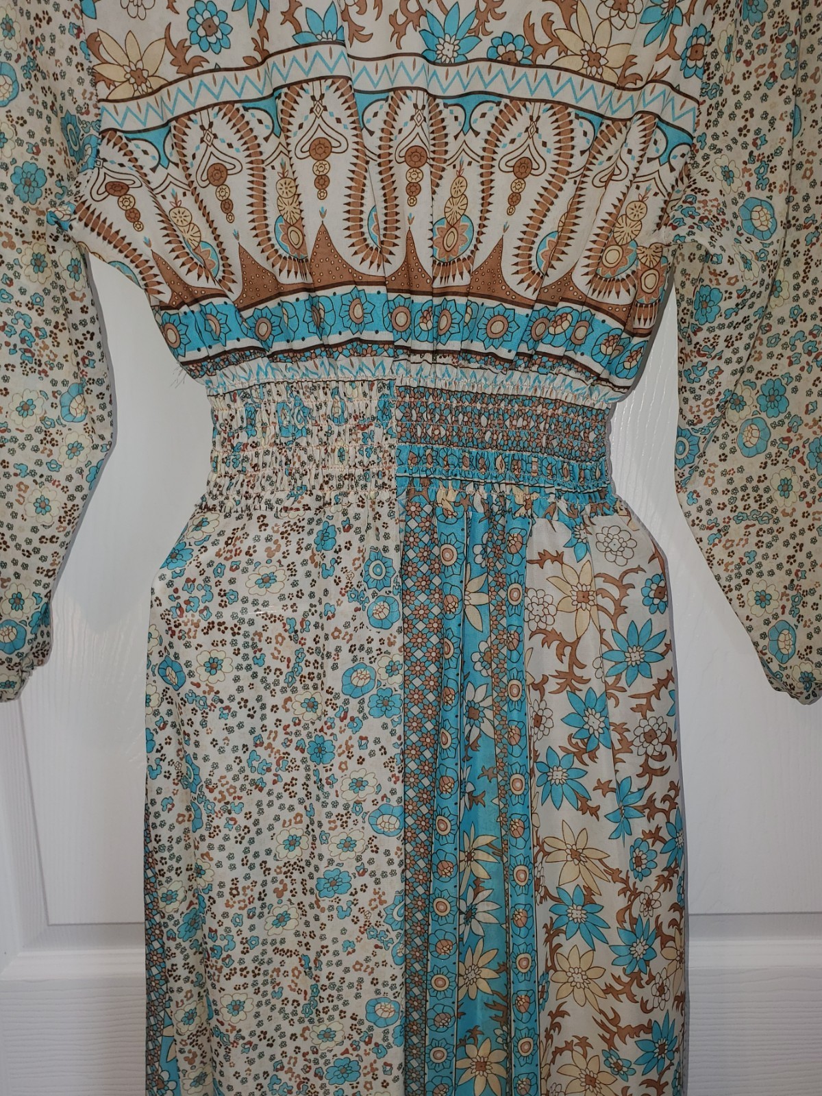 Boho Resort Maxi Dress Fiji XL Smocked Waist Tassel Tie Patchwork Print