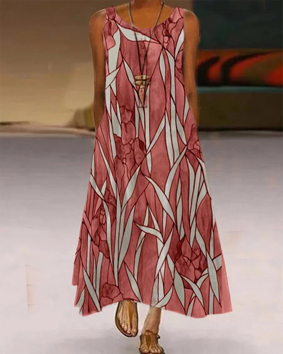 Printed Pocket Round Neck Long Skirt for Women