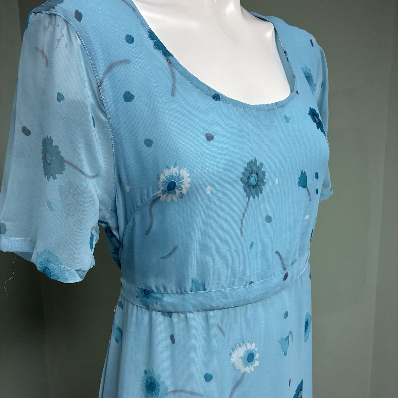 Vintage Sacred Threads Chiffon Maxi Dress M/L Floral Daisy Blue Semi-Sheer Y2K