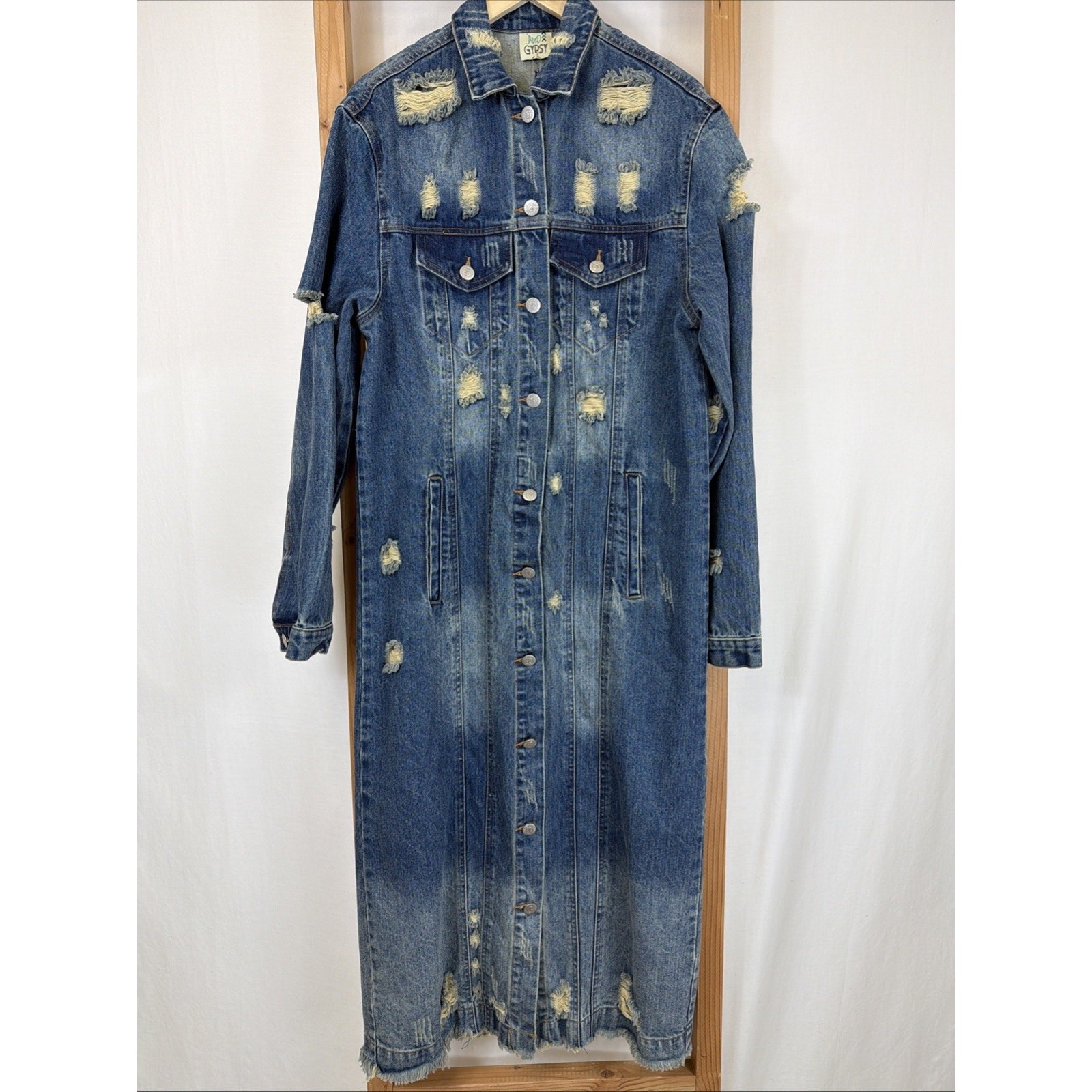 NWT Jade Gypsy Blue Distressed Denim Long Duster Jacket #1391 Size S M
