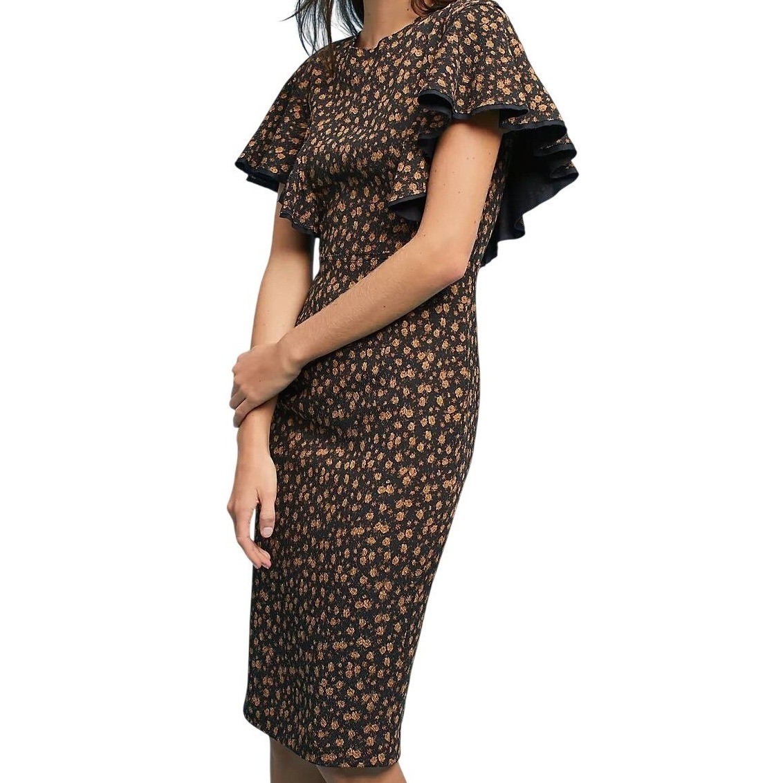 ANTHROPOLOGIE TRACY REESE Silk Black Gold Floral Fluttered Sleeve Dress EUC 6P