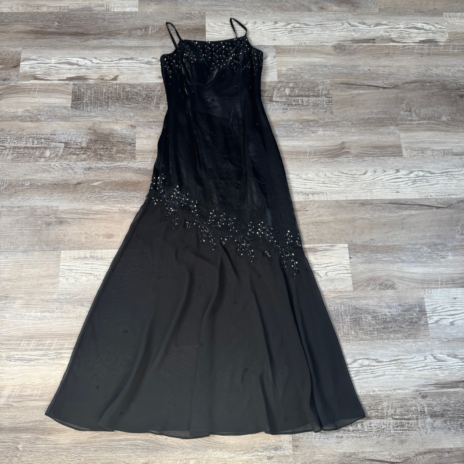 Vintage 90s Y2K Cache Black Beaded Chiffon Maxi Dress Fairy Goth Prom Formal 8