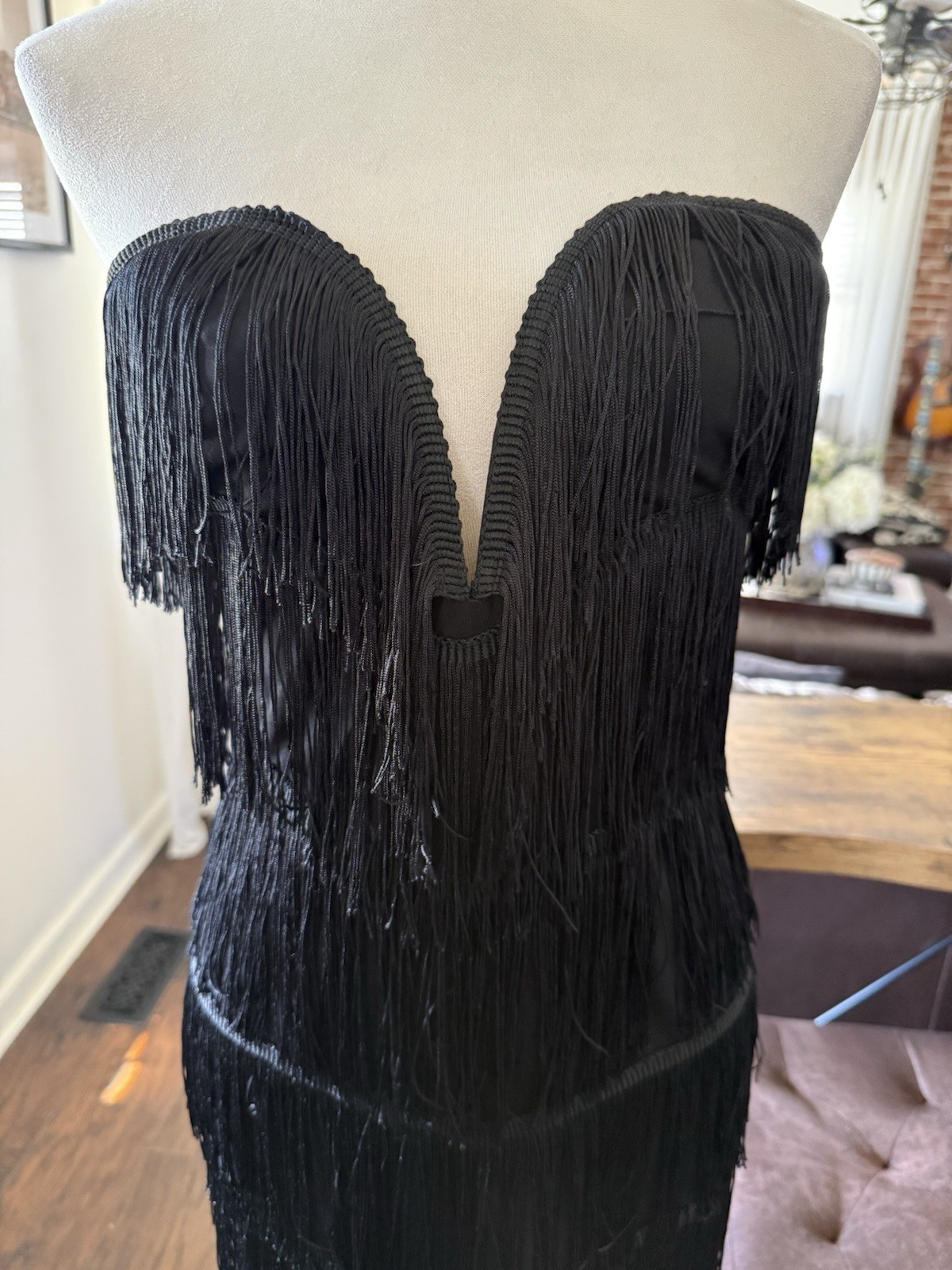 NWT Black Strapless Fringe Sexy Cocktail Midi Body-con Dress Size L Stretch