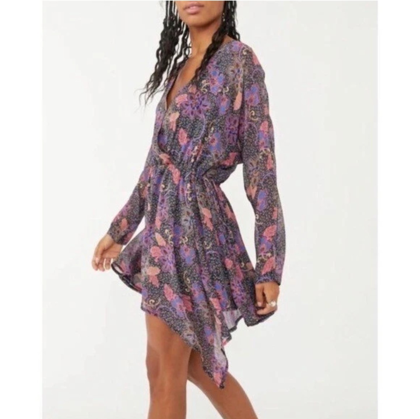 Free People Teegan Mini Dress Medium M Purple Floral Boho Fit Flare Wrap Dress