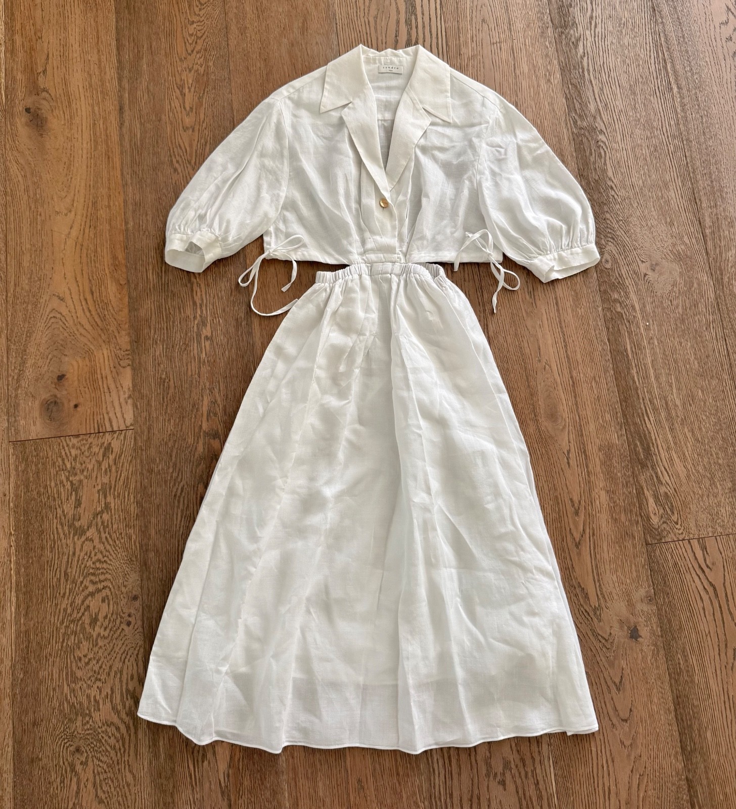 Sandro Paris SFPRO01808 White Ramie Side Cut-Out Midi Dress | Puff Sleeve | 34