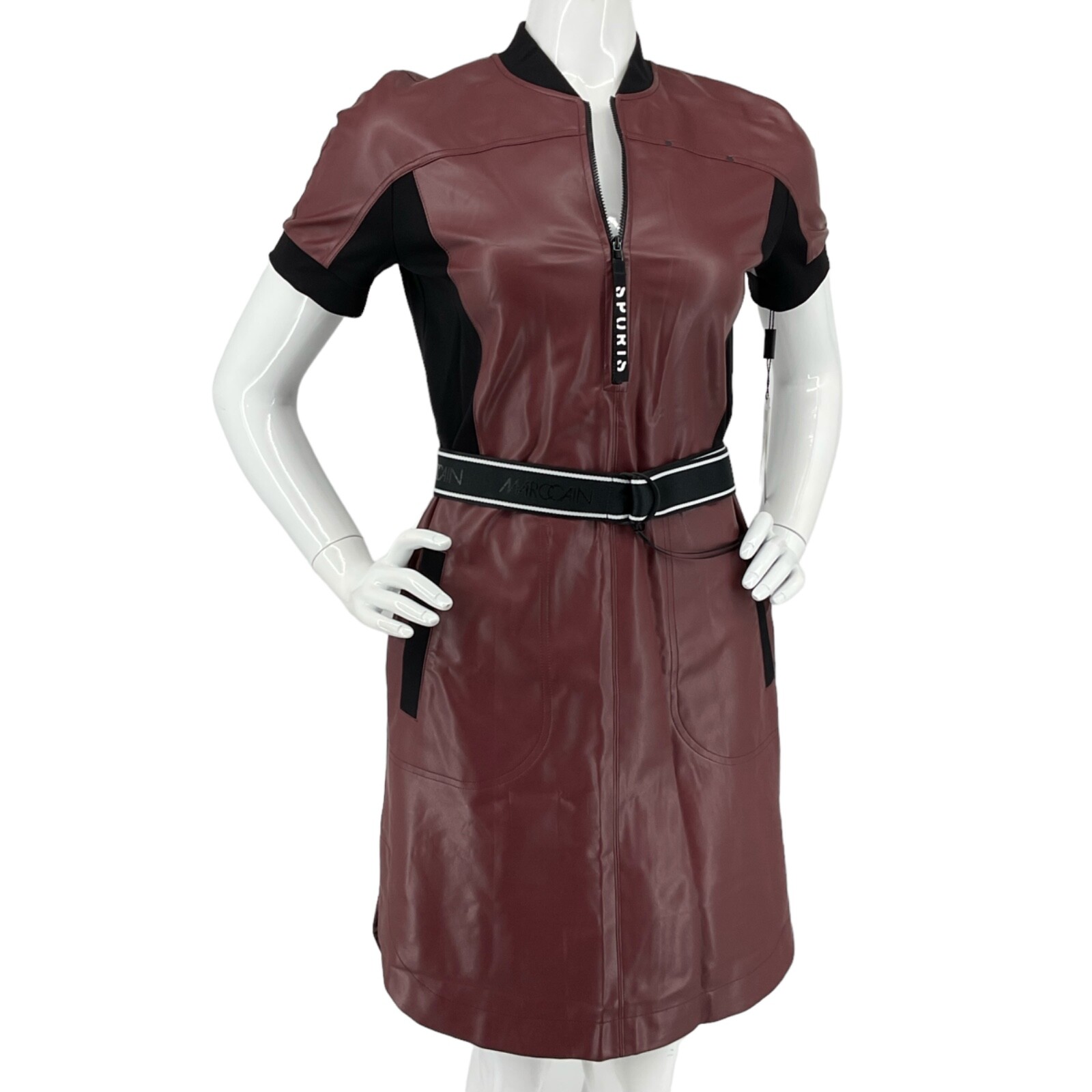 Marc Cain Sports Dress Womens Sz N5 12 X-Large Wine Red Faux Leather Belted $500