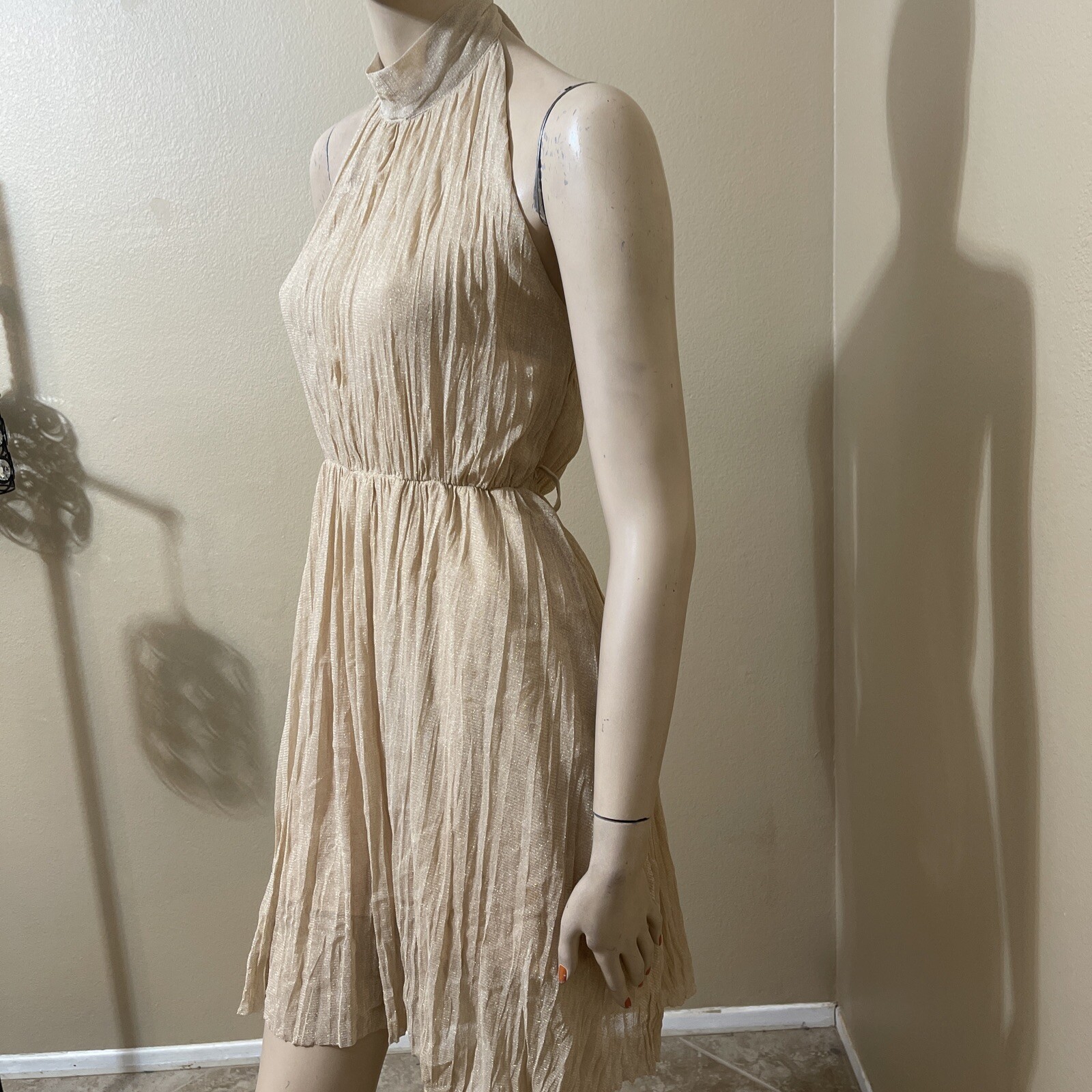 Women’s Beige Polyester Cocktail Layered Pleated Open On Tie Midi Size S Dress