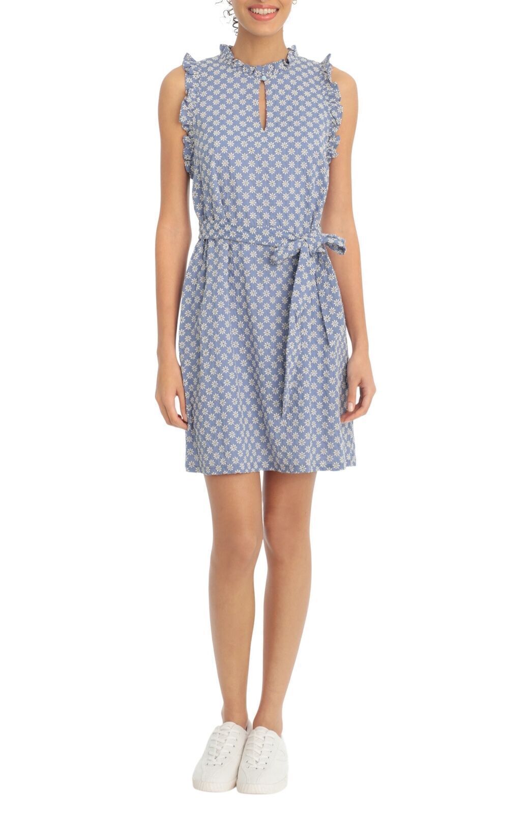 London Times Dress Blue Daisy Eyelet Belted Summer Women Sz 4 NEW NWT N147