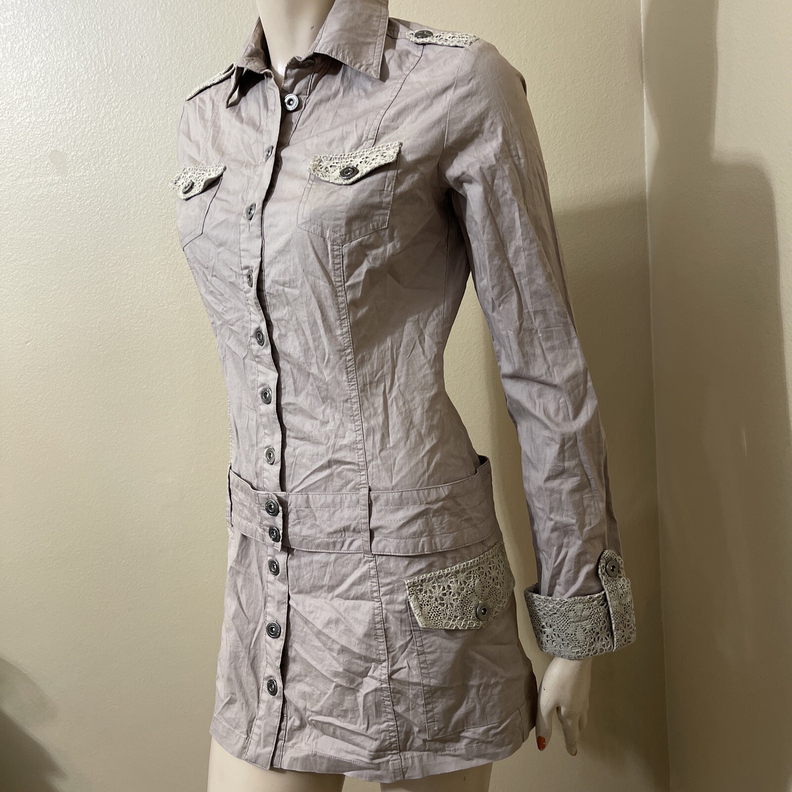 Women’s Beige Cotton Casual Collared Belted Lace Pickets Size S Button-up Dress