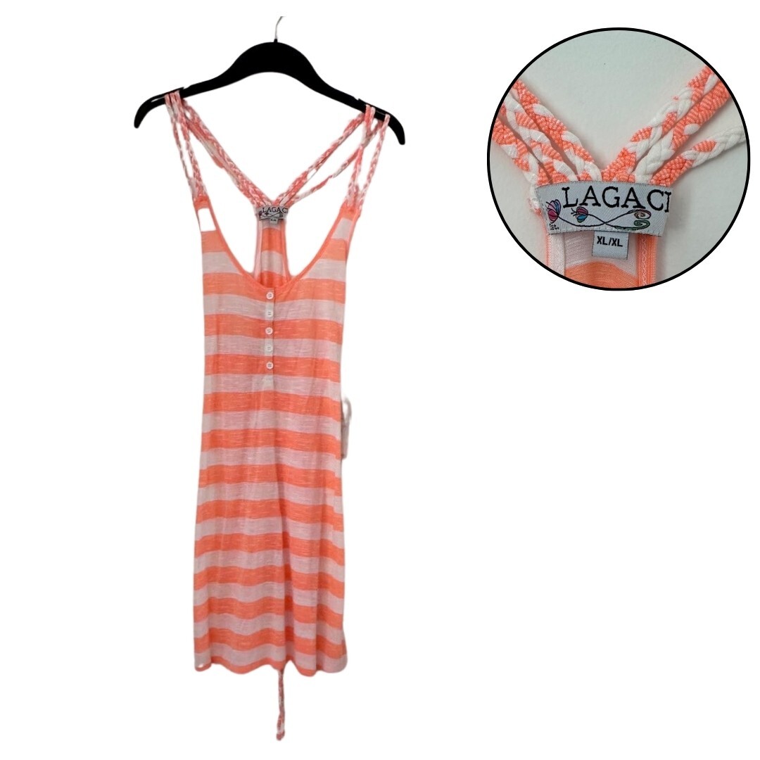NWT Lagaci Y2K Tank Dress XL Coral Striped Braided Strap Boho Summer Mini