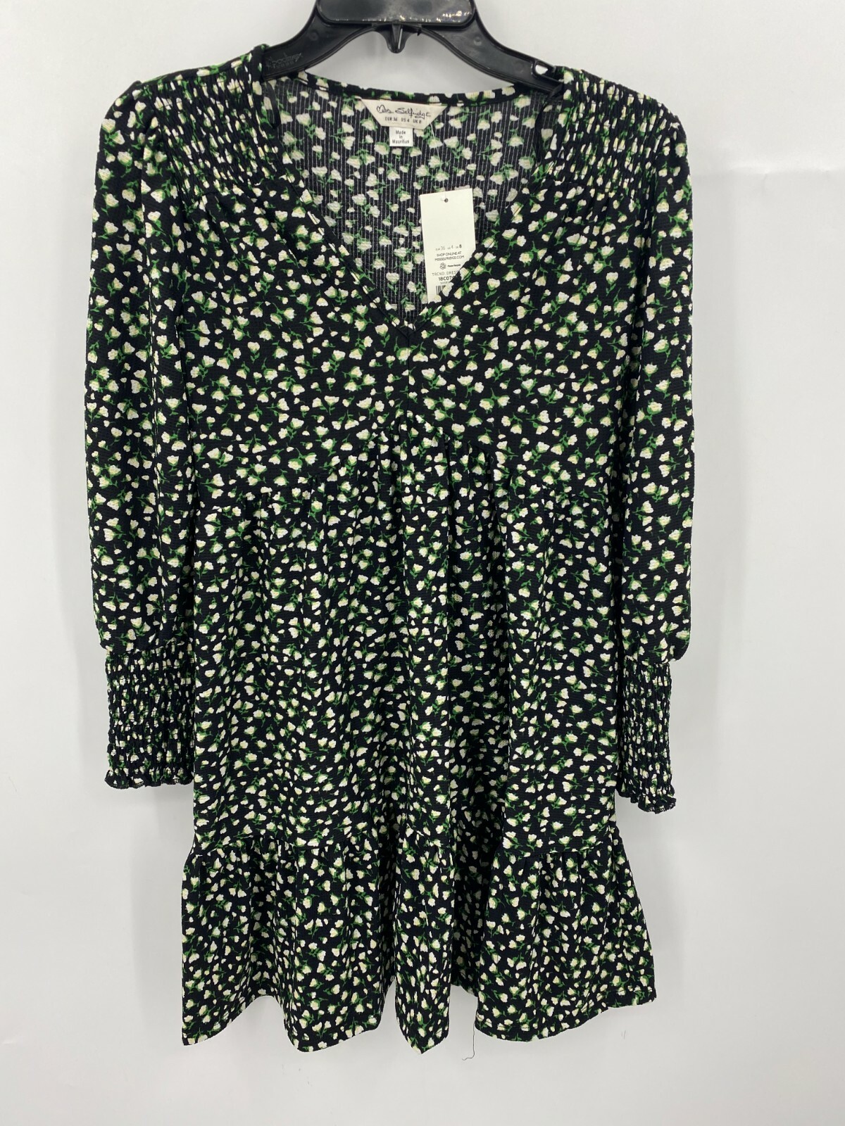 Miss Selfridge Dress Womens 4 Black Floral Long Sleeve Mini Flowy Tiered Boho