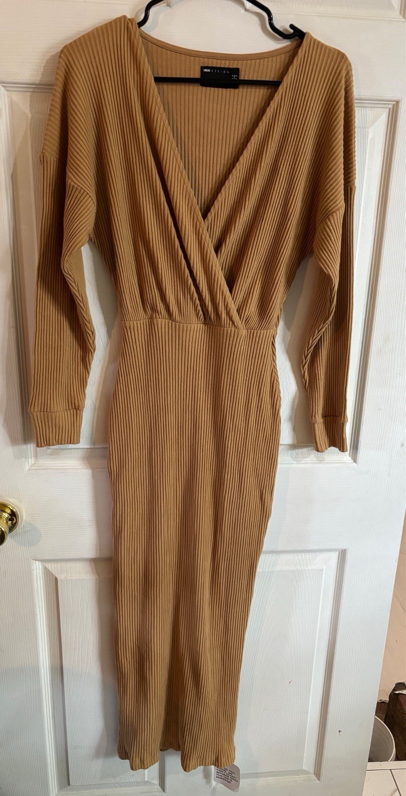 ASOS DESIGN Tan Ribbed Knit V-Neck Long Sleeve Long Sweater Dress Stretch 2