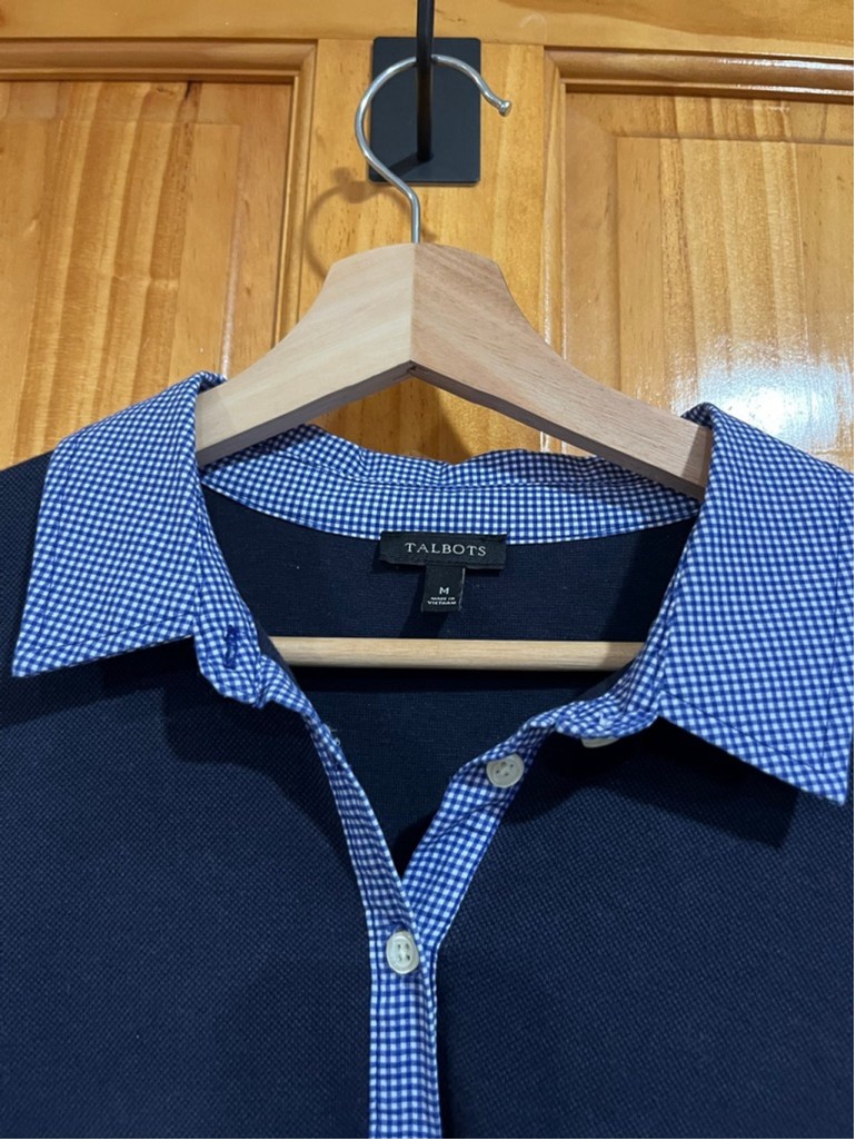 Talbots Preppy Back to School Navy Gingham Collar Piqué Polo Shirt Dress Medium