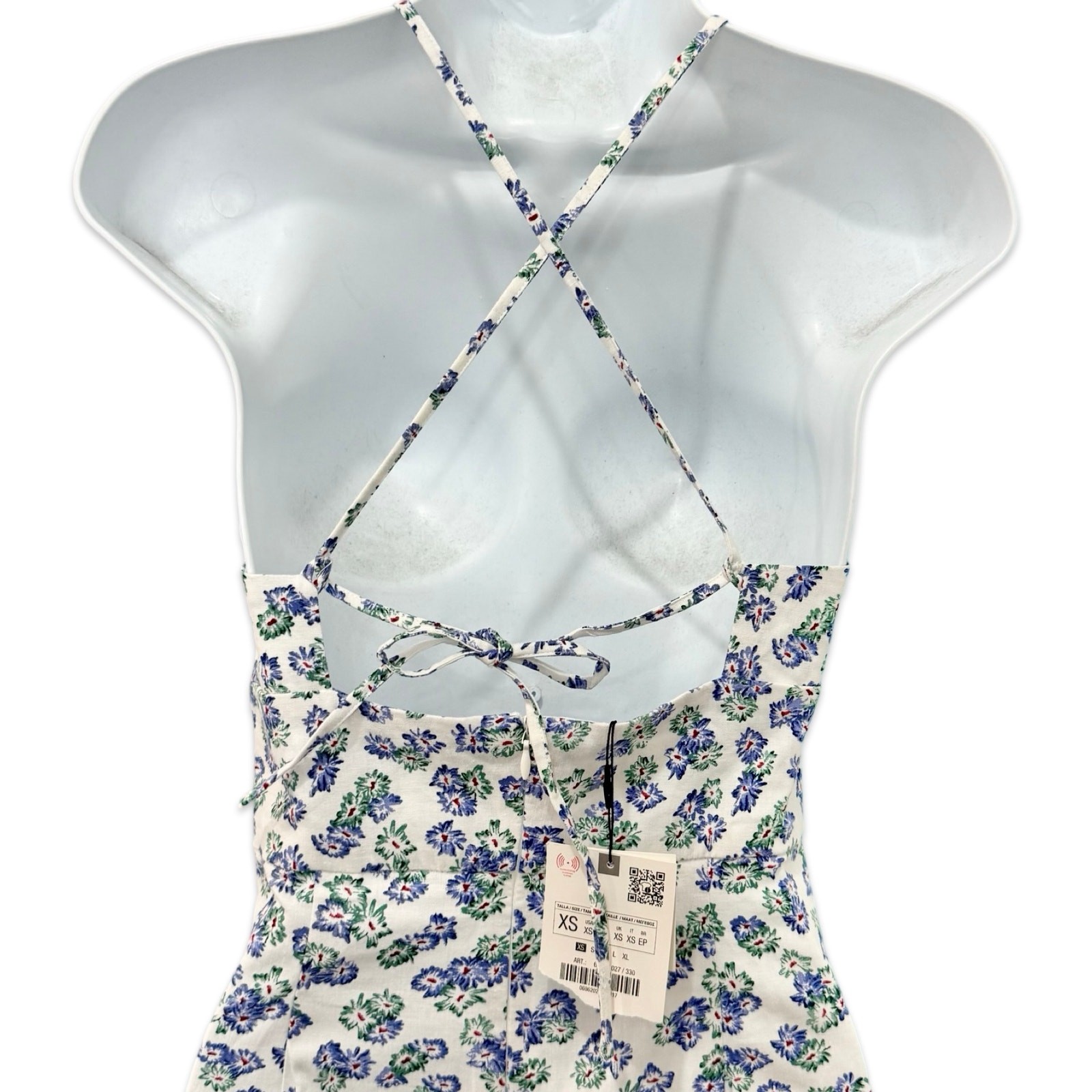 Zara White Blue Green Floral Cross Strap Front Slit Midi Dress size XS NEW Tags