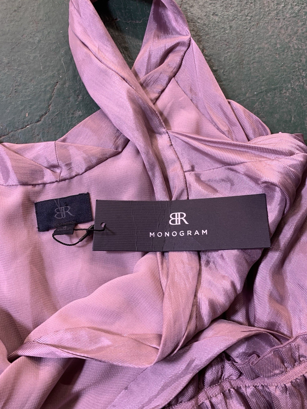 NWT BR Monogram Purple Satin V-Neck Sleeveless Twist Sheath Knee Dress Size 4