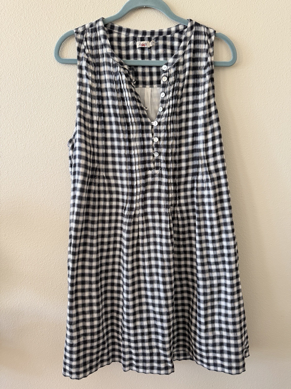 Faherty Isha Gingham Check Pleated Tank Mini Shift Dress Size Large Black/Cream