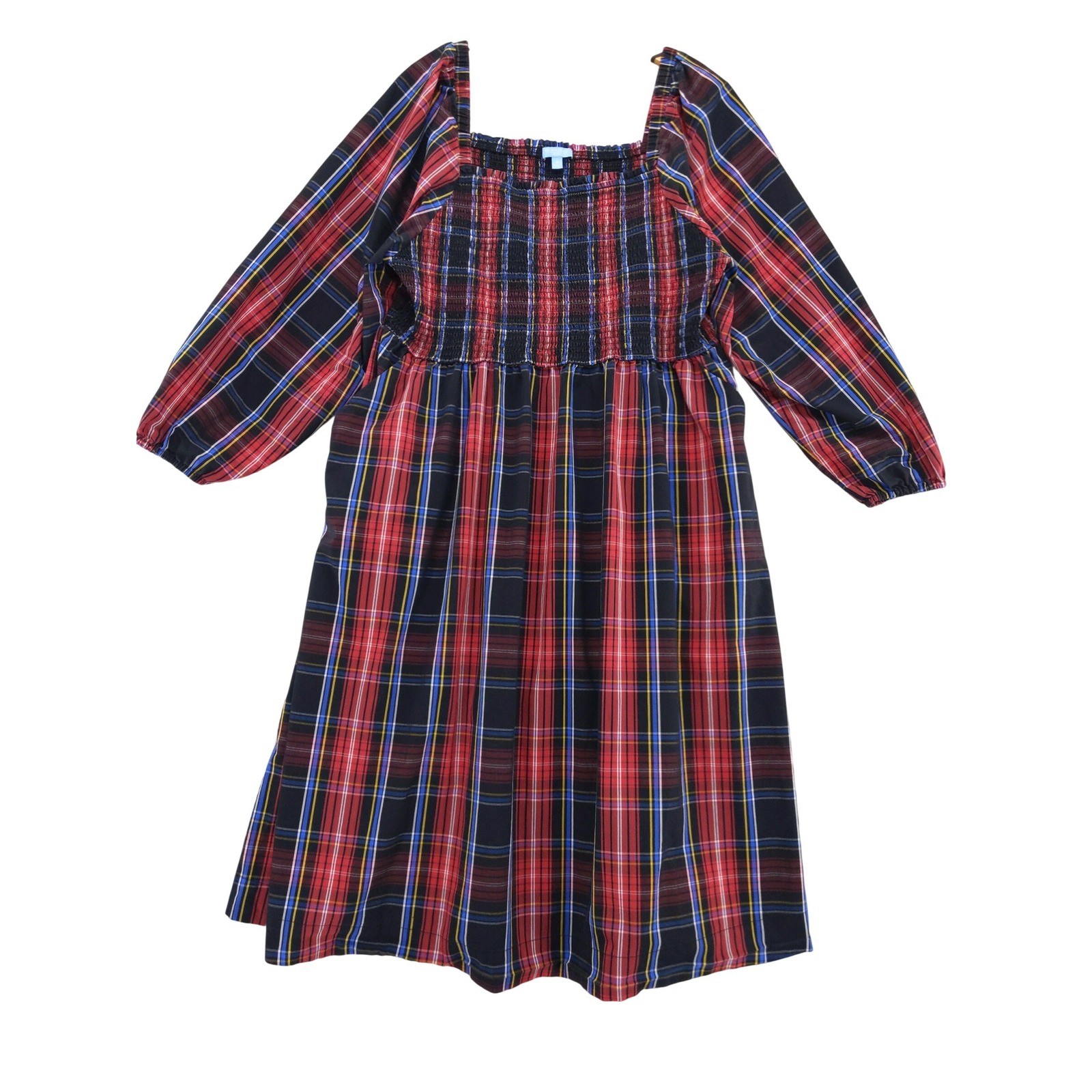 Draper James RSVP Dress Womens 1X Red Plaid Smocked Square Neck Midi Pockets
