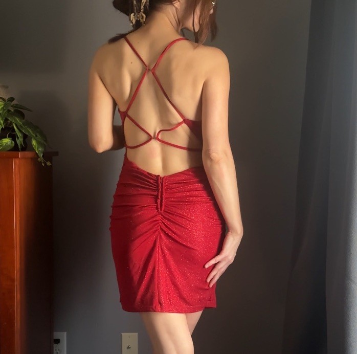 Windsor Red Glitter Ruched Open Back Spaghetti Strap Bodycon Mini Dress M