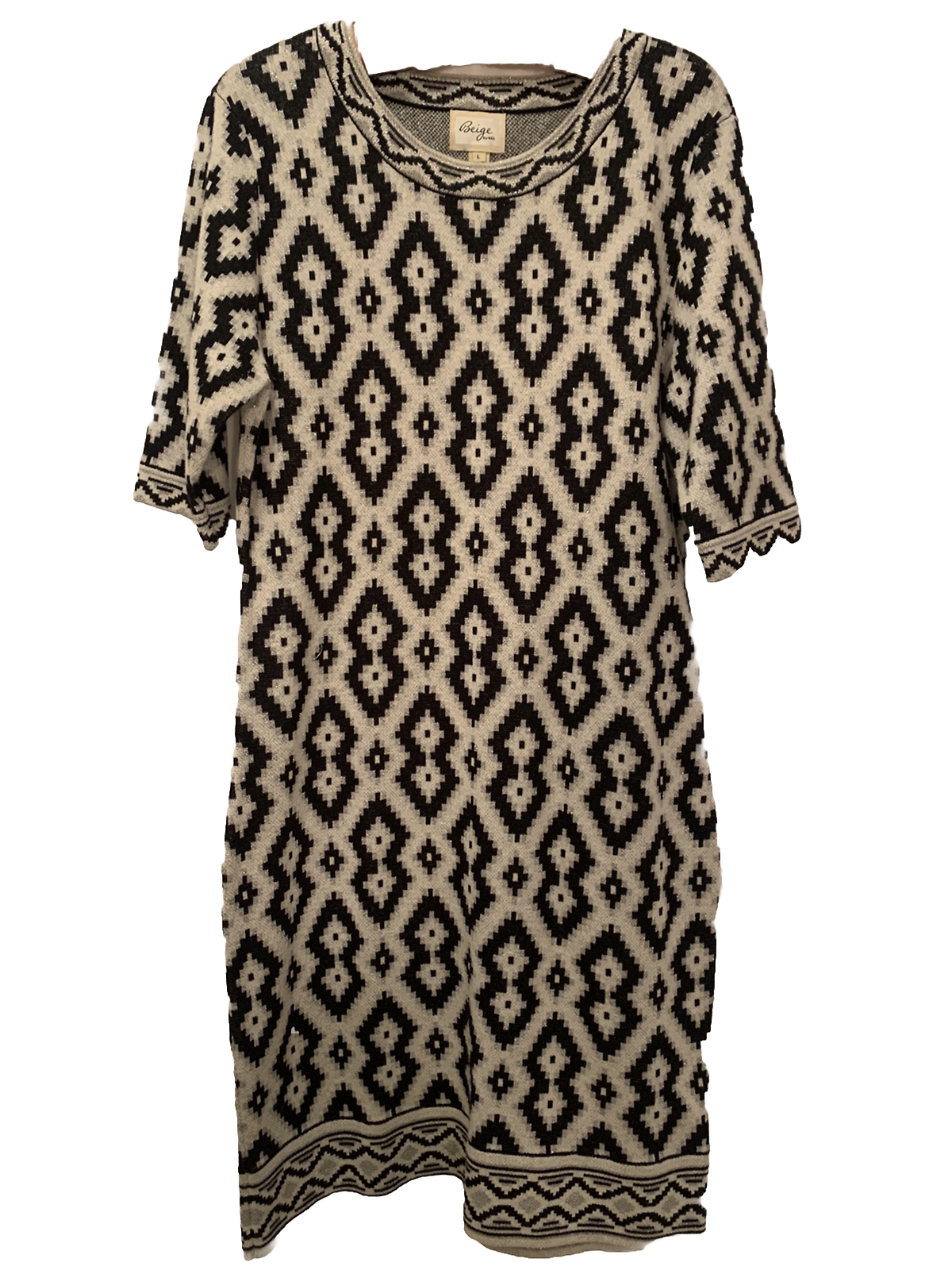 Beige By ECI Black And White Geometric Sparkle Holiday Sweater Dress Sz Large