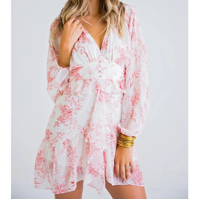 NWT KARLIE Floral Chiffon Cream Light Pink Dress Mini Ruffle Tier Women’s Size S