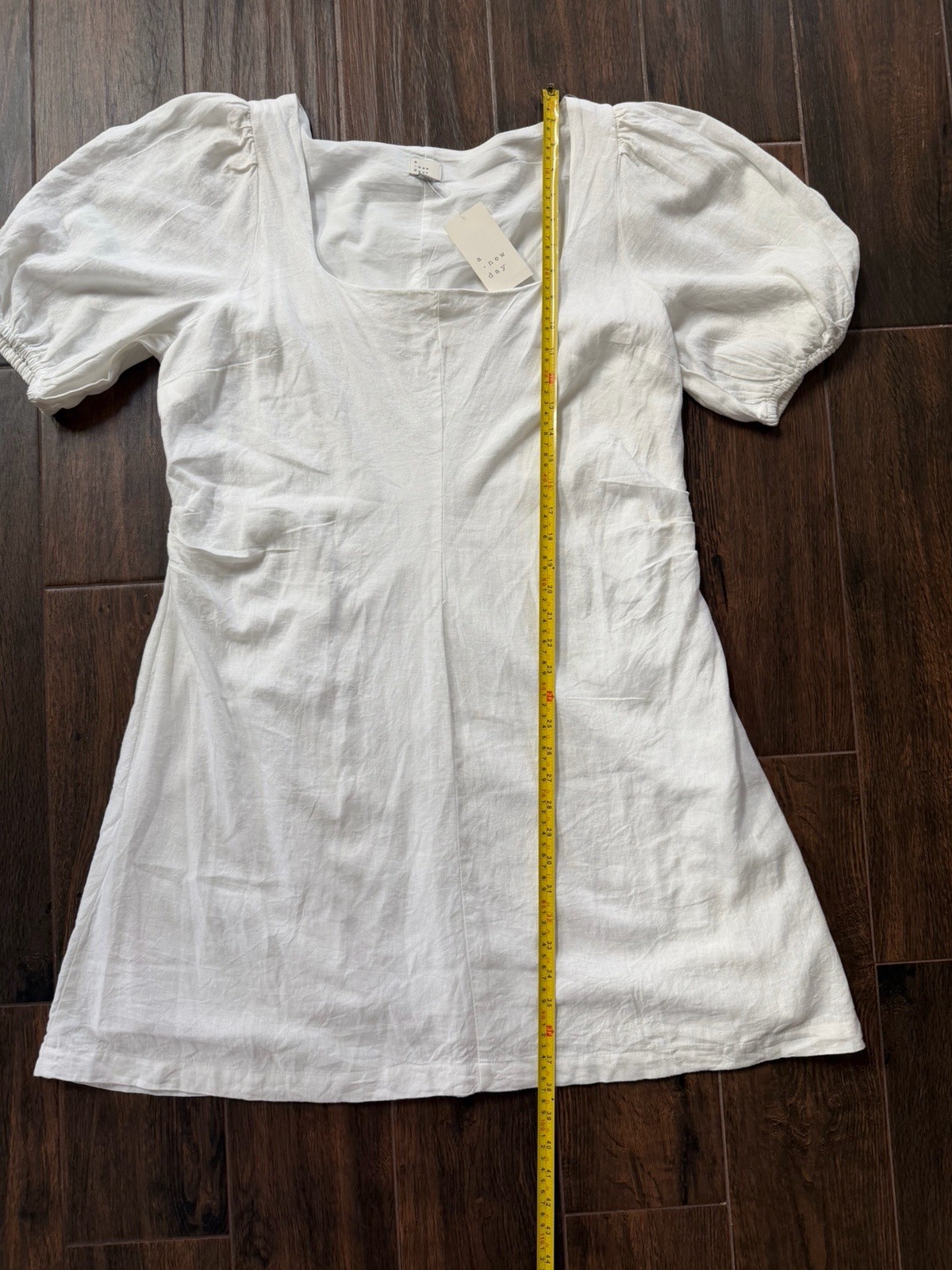 NWT A New Day White Square Neck Puff Sleeve Linen Blend Mini Dress Womens 16