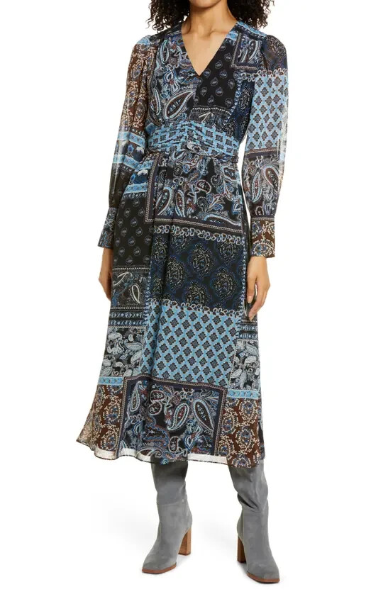 Julia Jordan Women’s Mixed Scarf Print Long Sleeve Midi Dress In Navy Multi SZ 2