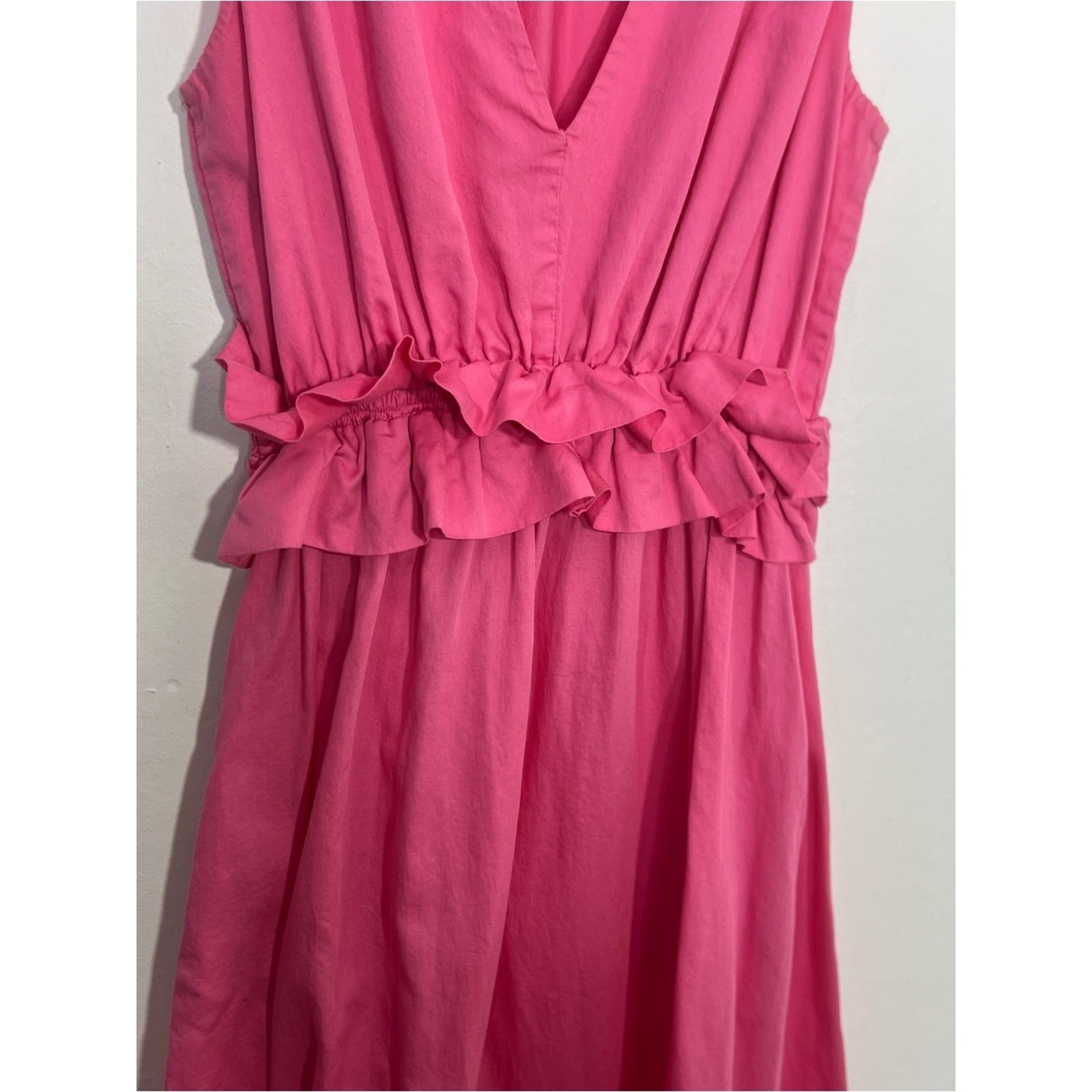 Stark X Pink Ginny Midi Elastic Waist Cotton V Neck Pockets Dress Size Small