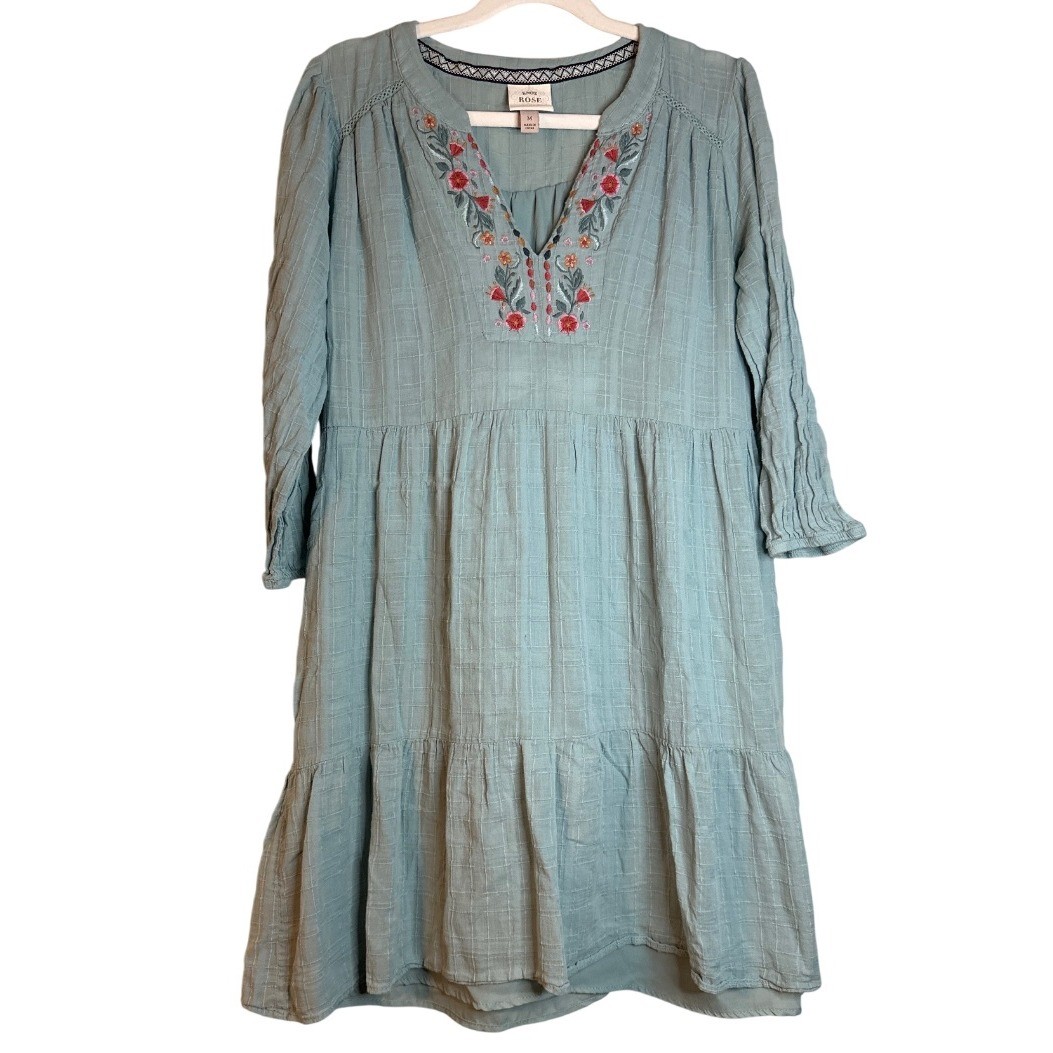Knox Rose Women Green Floral Embroidered Tiered Gauze Mini Dress Size M Boho