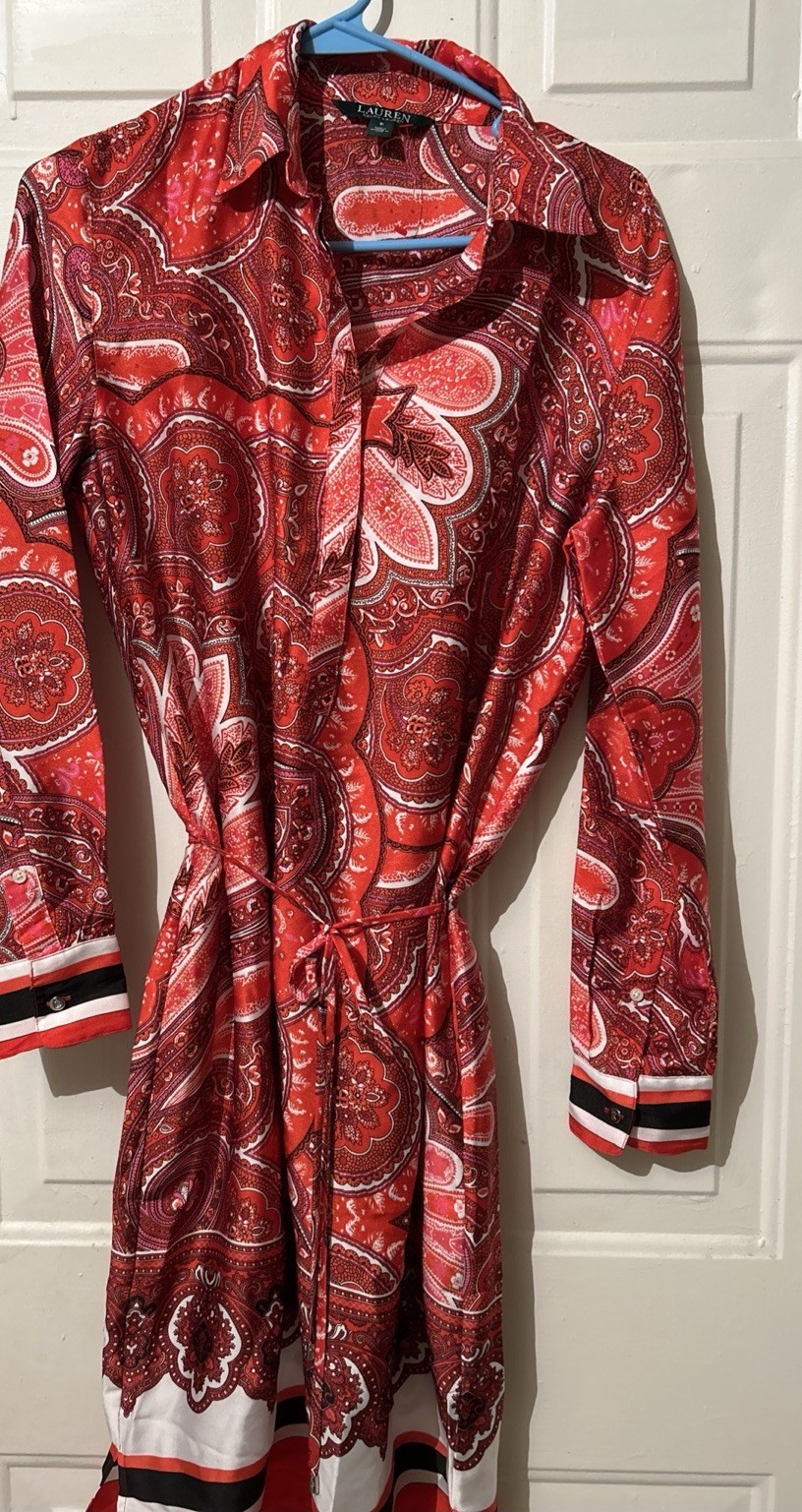 Lauren Ralph Lauren Women’s Shirt Dress Paisley Side Pockets Midi With Belt. S-6