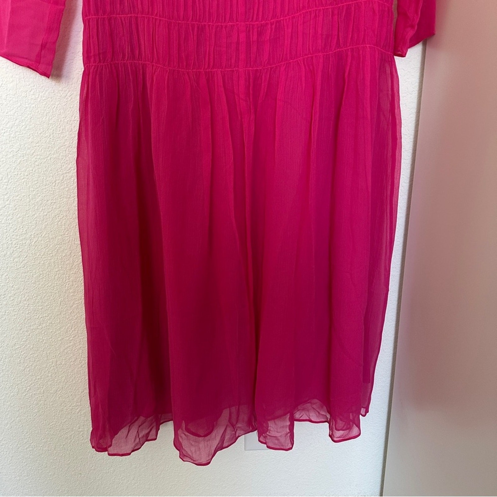 AYR The Something Special Silk Dress Pink Crinkle Flowy Smocked Ruched Sheer XS