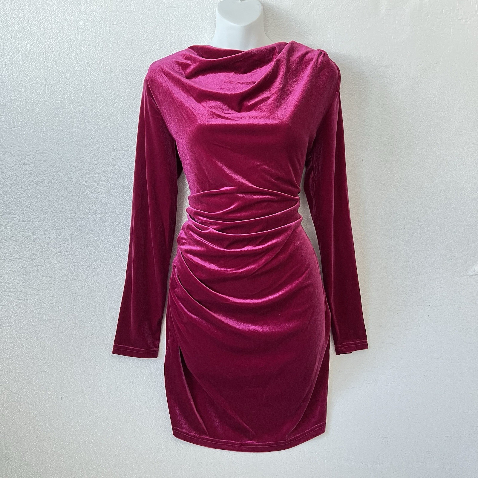 High Mock Neck Ruched Velvet Dress Womens M Bodycon Long Sleeve Fuchsia Pink
