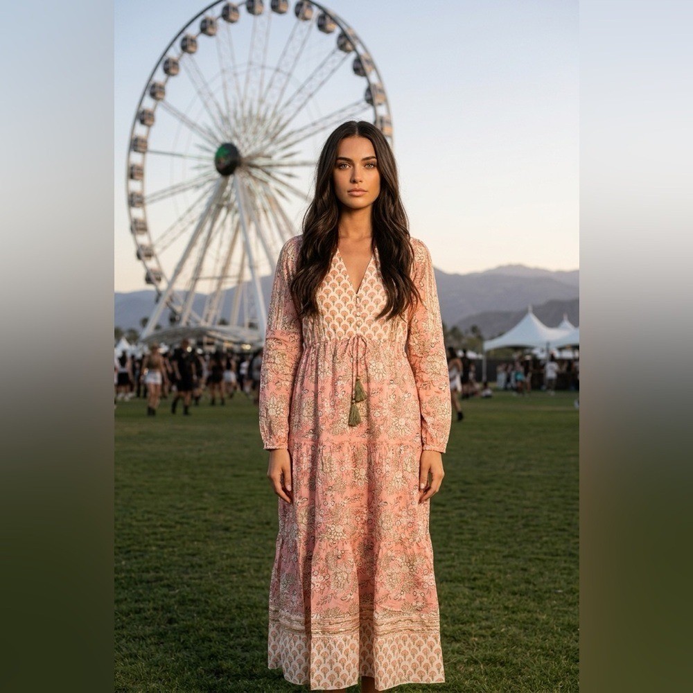 JADED GYPSY S/M Bohemian Pink Floral Maxi Dress with Tie Waist NWT
