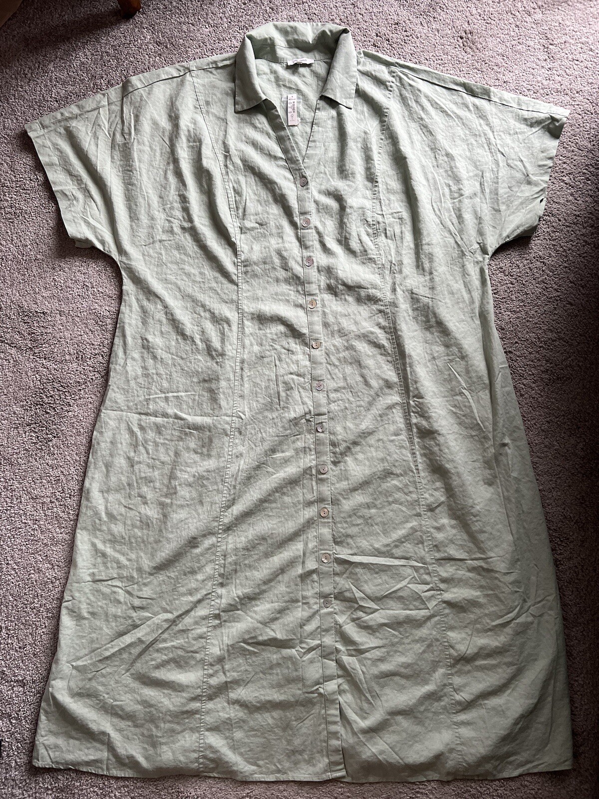 Madewell Short-Sleeve Button-Front Midi Shirtdress Dress 28W Linen Mint NP358
