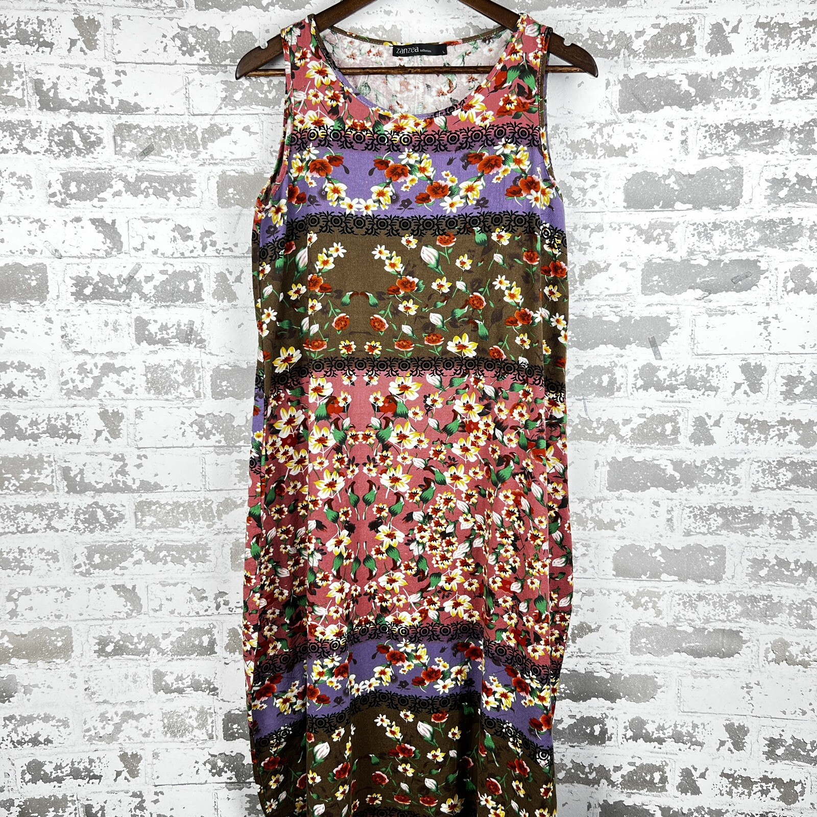Floral Sun Dress Sz L Zanzea Linen Like Cotton Tank Midi Cottagecore Pink Green