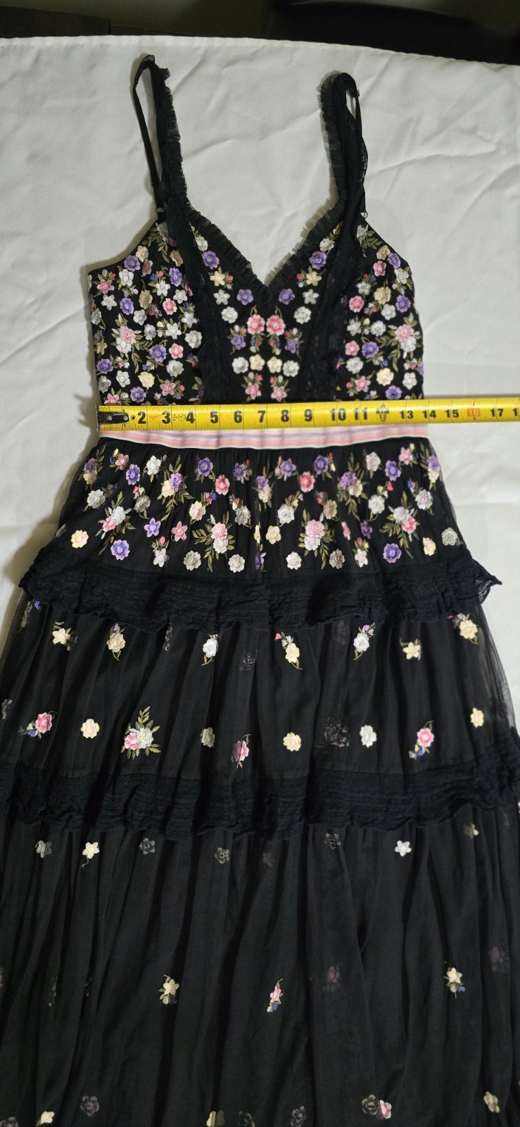 Needle & Thread Black Floral Embroidered Tulle V-Neck Midi Dress US 6
