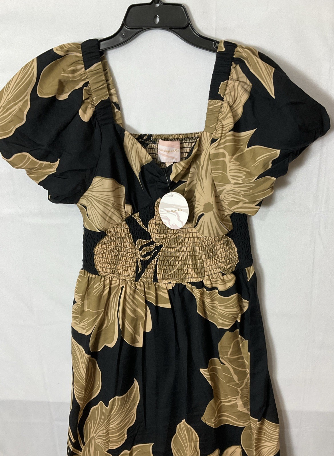 US Together Puff Sleeve Floral Maxi Dress Women’s Size L Black Tan