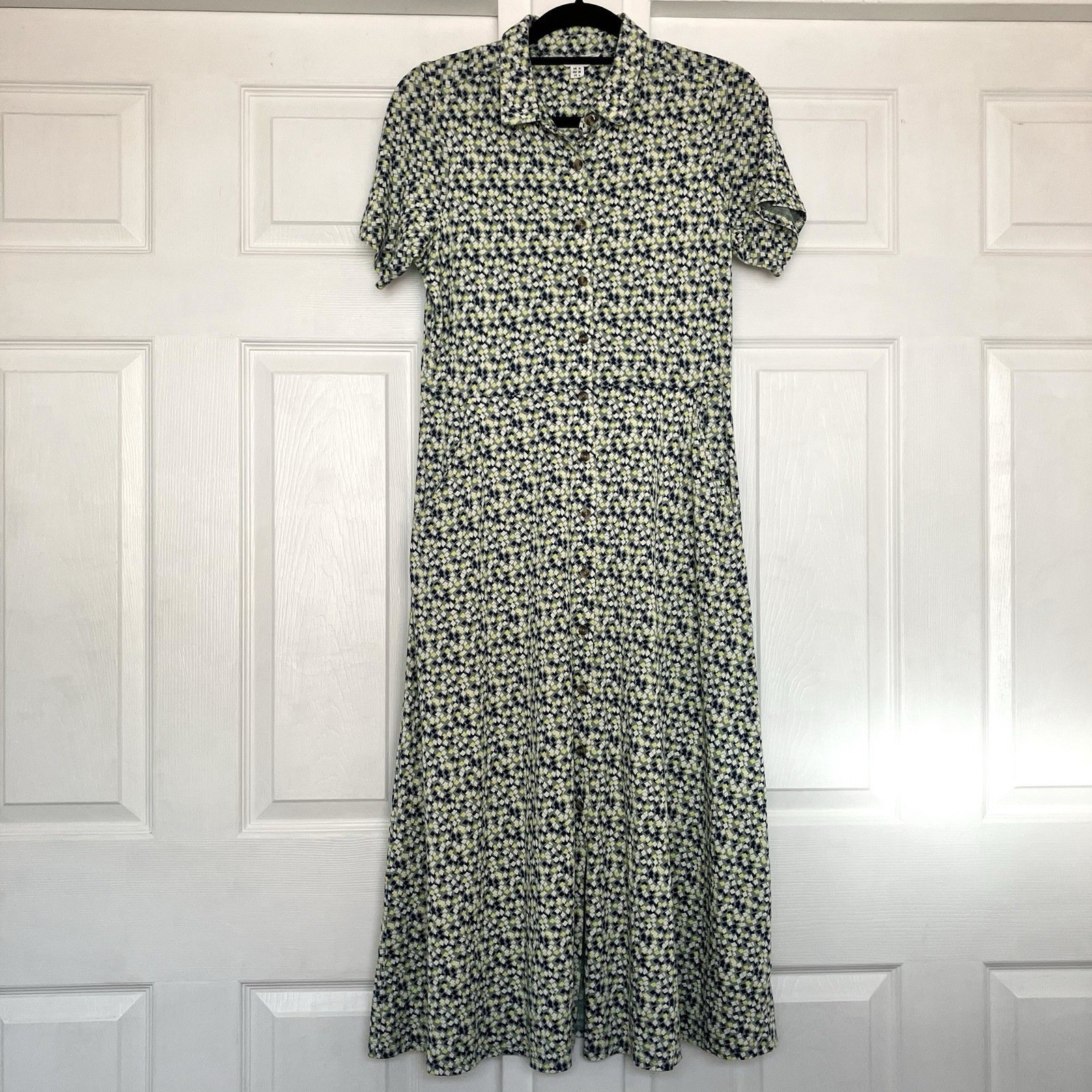 White Stuff Rua Jersey Shirt Dress Green Blue Yellow White Squares Pockets UK 10