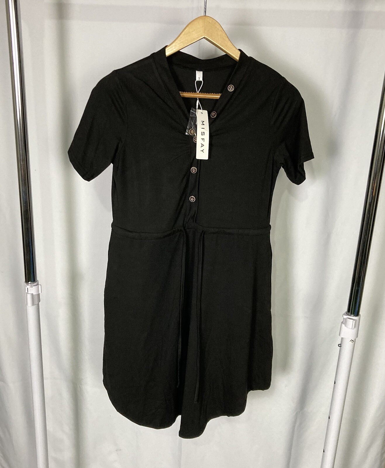 MISFAY Casual Gray T Shirt Dress Medium Pockets Stretch Buttons Drawstring NWT