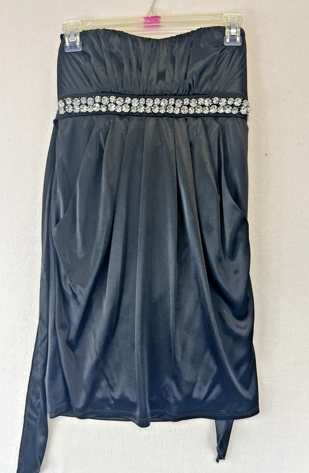 Vintage Deb black Dress Small Y2K strapless rhinestones pockets satin mini HOCO