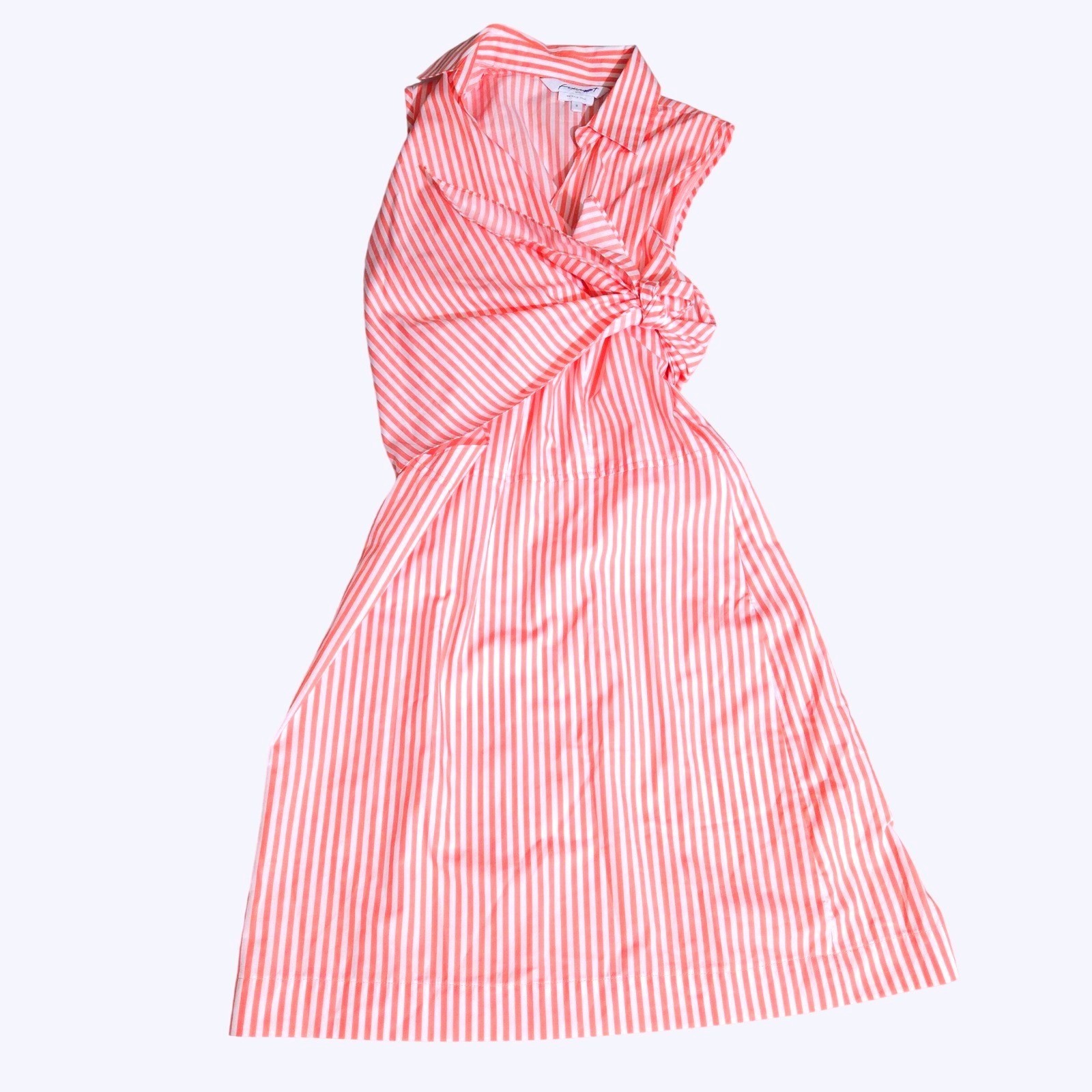 Foxcroft NYC Orange White Striped Wrinkle Free Tie Front Shirt Dress Womens 8