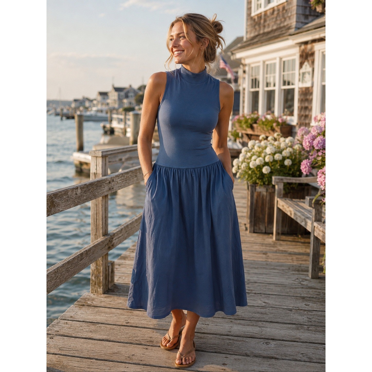 Free People Free-est Mock Neck Sleeveless Midi Dress Blue Pocket Large OB1536423