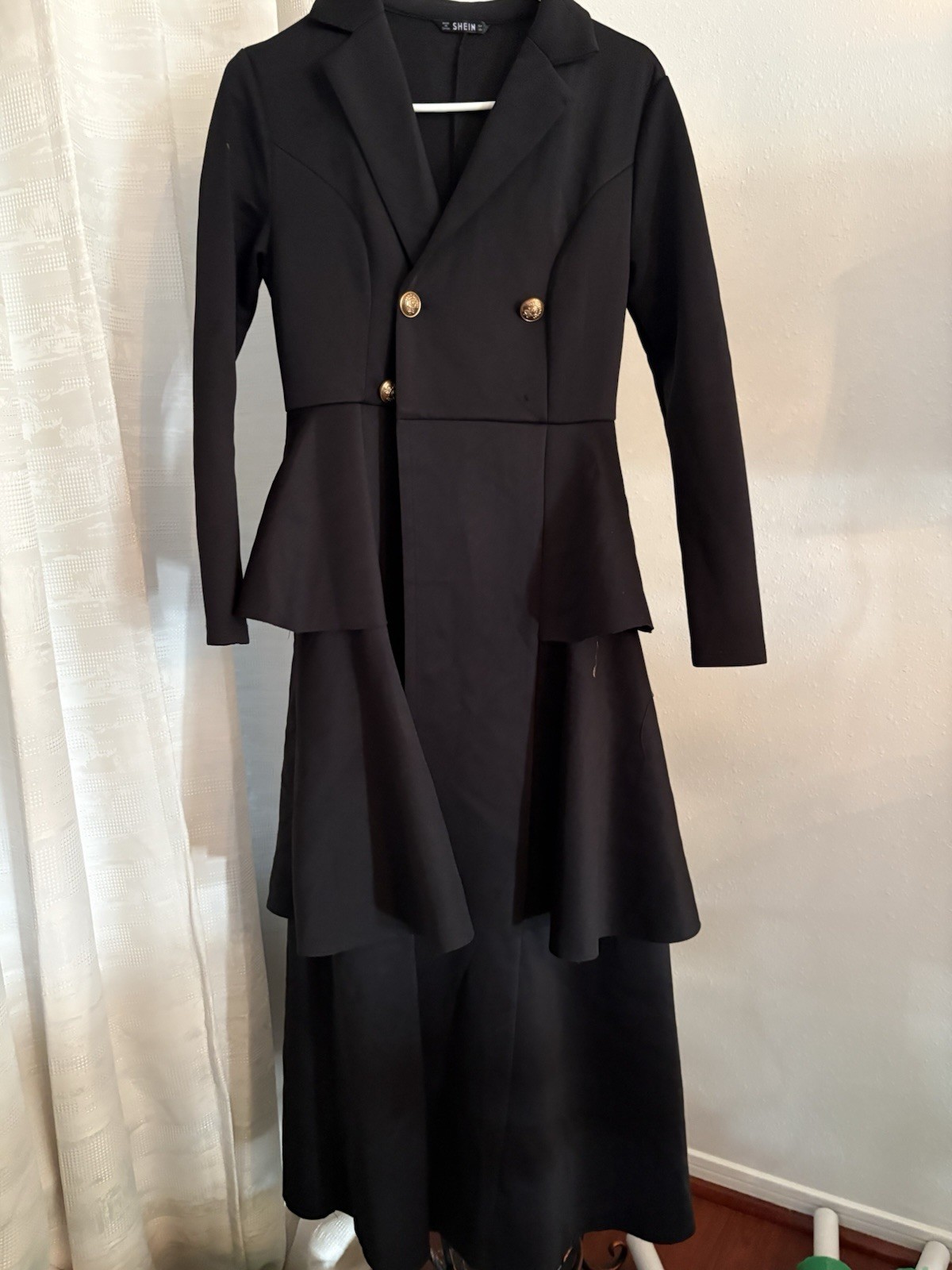 Black maxi dress jacket with peplum waist and gold buttons size medium #peplum