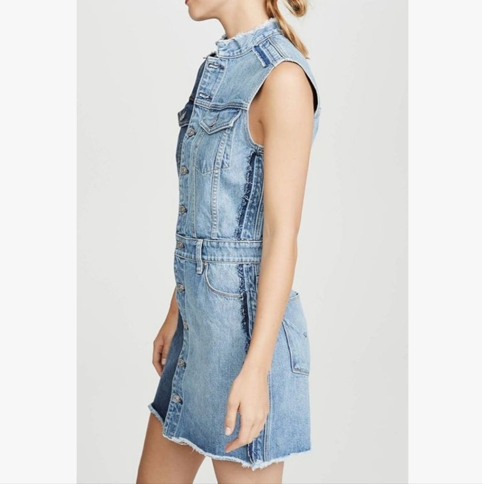 HUDSON Two-Toned Distressed Button-Down Sleeveless Denim Dress SIZE: M