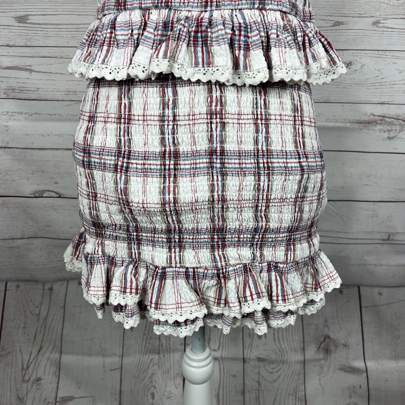 Tularosa Revolve Teri Dress Size Medium Plaid Ruffle Smocked Off Shoulder Mini