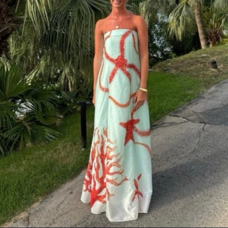 MUMA WORLD Blue Red Starfish Print SleevelessUrsa Maxi Dress size Large