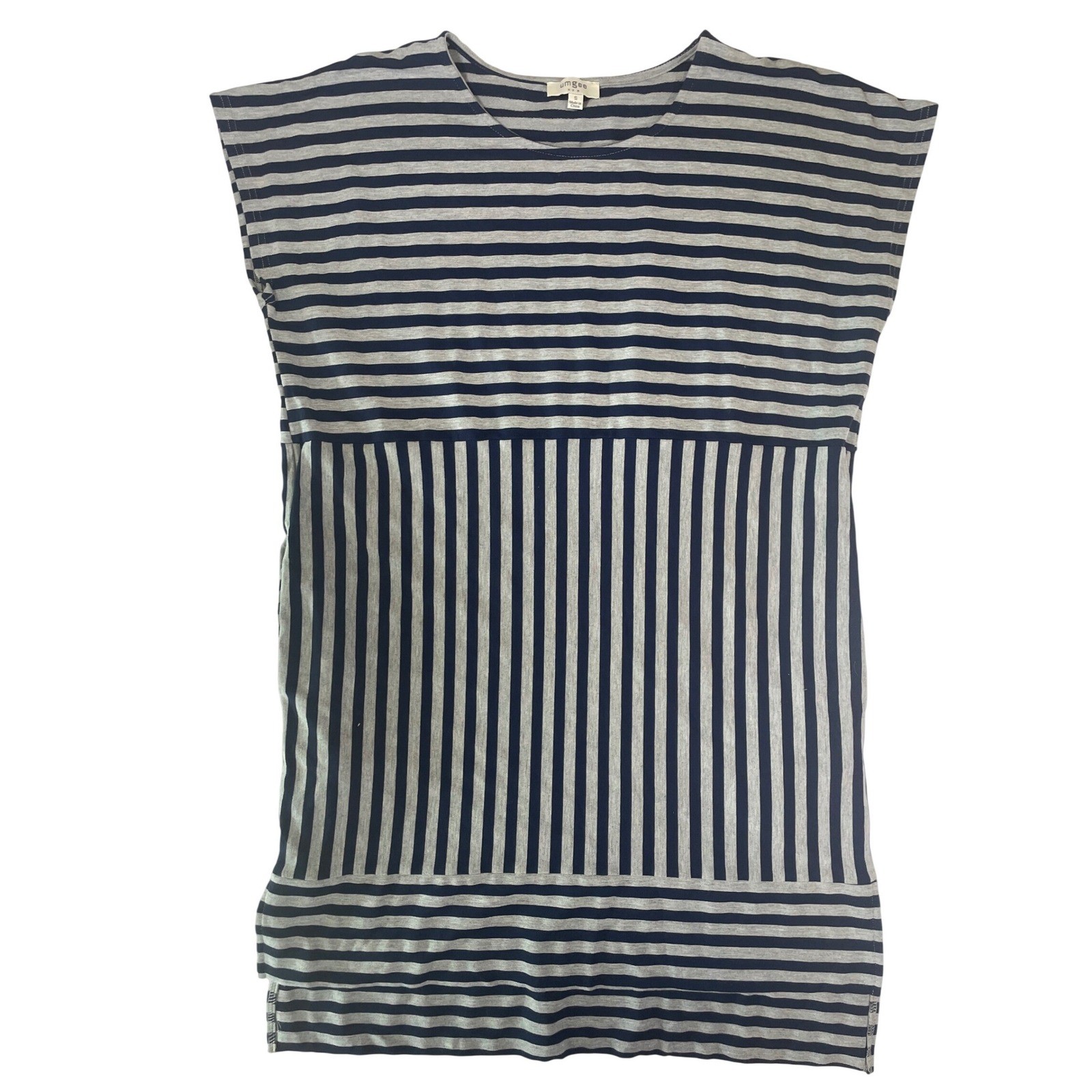 Umgee T-Shirt Dress Womens Navy Gray Striped Mixed Pattern Mini Size S