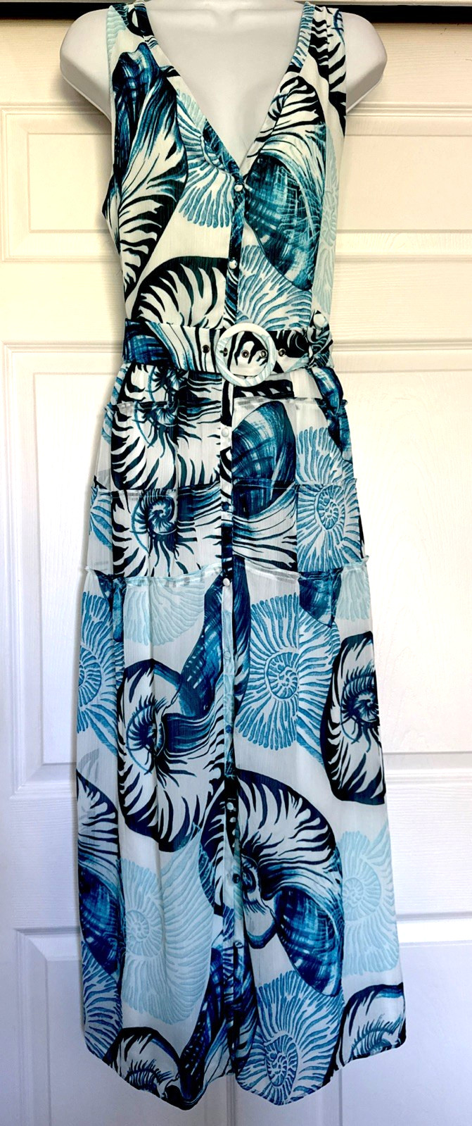 WHITE HOUSE BLACK MARKET $175 Fossil Sea Shell Belted Midi Dress Size 12 NWT