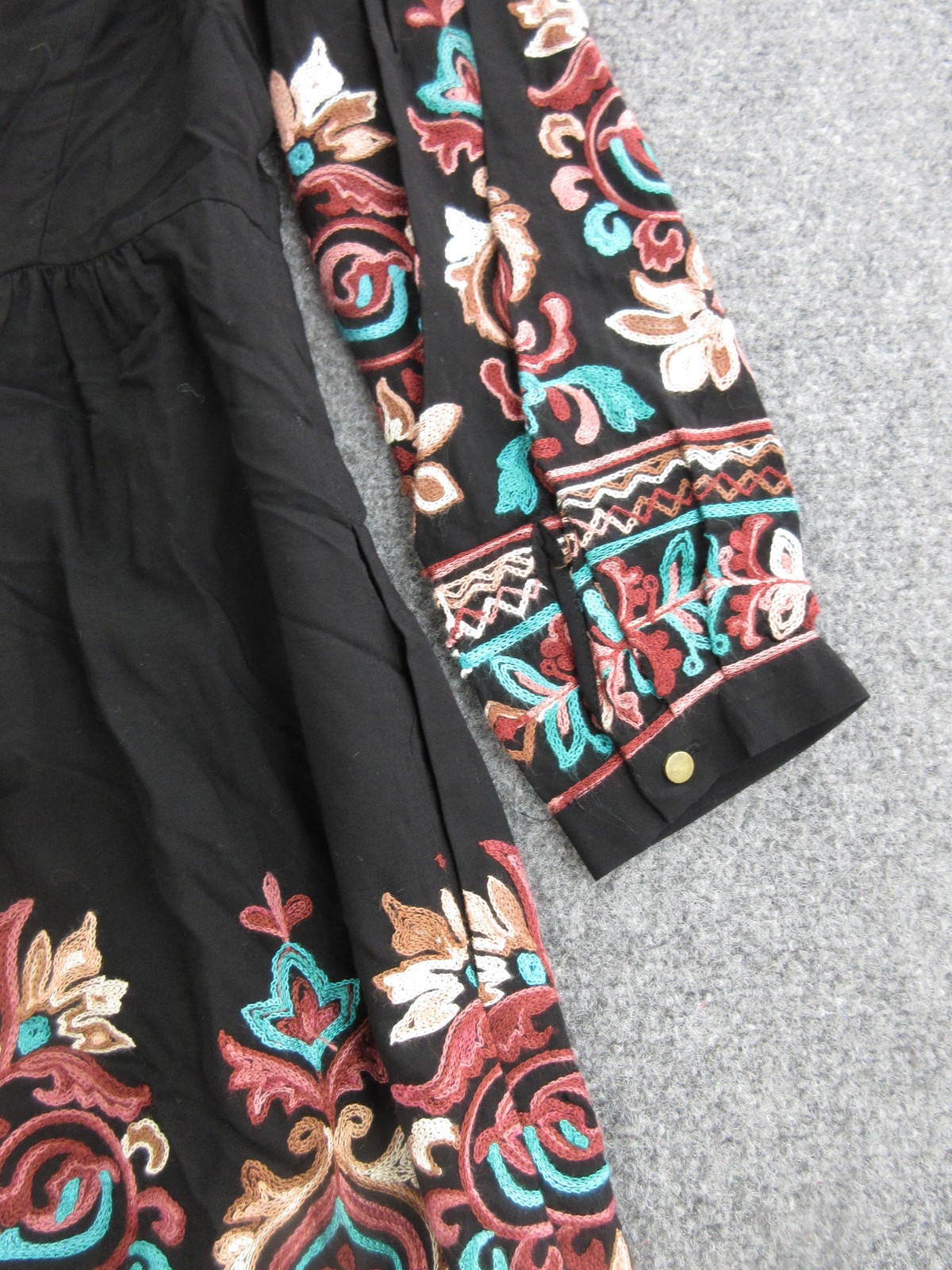 Floret Dress Womens Petite Small Black Embroidered Boho Trapeze Long Sleeve